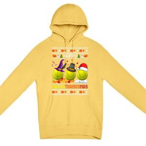 Happy Hallothanksmas Tennis Halloween Thanksgiving Xmas Gift Premium Pullover Hoodie