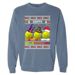 Happy Hallothanksmas Tennis Halloween Thanksgiving Xmas Gift Garment-Dyed Sweatshirt