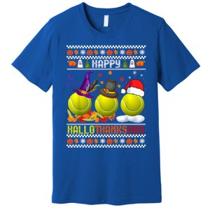 Happy Hallothanksmas Tennis Halloween Thanksgiving Xmas Gift Premium T-Shirt