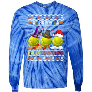 Happy Hallothanksmas Tennis Halloween Thanksgiving Xmas Gift Tie-Dye Long Sleeve Shirt