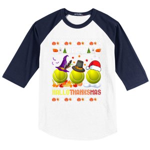 Happy Hallothanksmas Tennis Halloween Thanksgiving Xmas Gift Baseball Sleeve Shirt