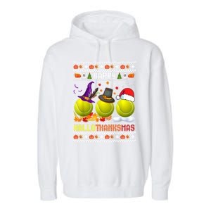 Happy Hallothanksmas Tennis Halloween Thanksgiving Xmas Gift Garment-Dyed Fleece Hoodie