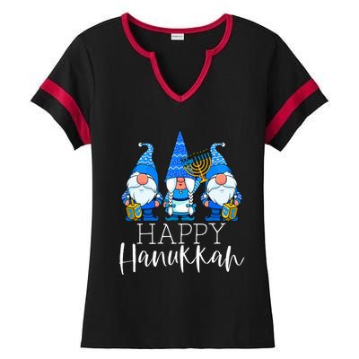 Happy Hanukkah Three Gnomes Jewish Gnome Lover Chanukah Gift Ladies Halftime Notch Neck Tee