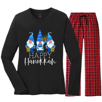 Happy Hanukkah Three Gnomes Jewish Gnome Lover Chanukah Gift Women's Long Sleeve Flannel Pajama Set 