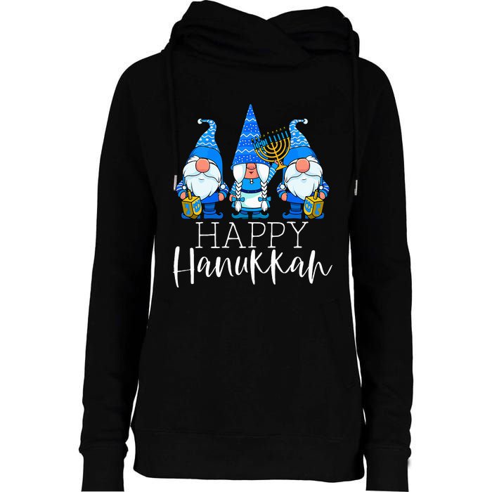 Happy Hanukkah Three Gnomes Jewish Gnome Lover Chanukah Gift Womens Funnel Neck Pullover Hood