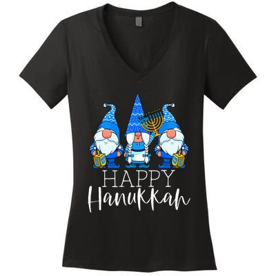 Happy Hanukkah Three Gnomes Jewish Gnome Lover Chanukah Gift Women's V-Neck T-Shirt