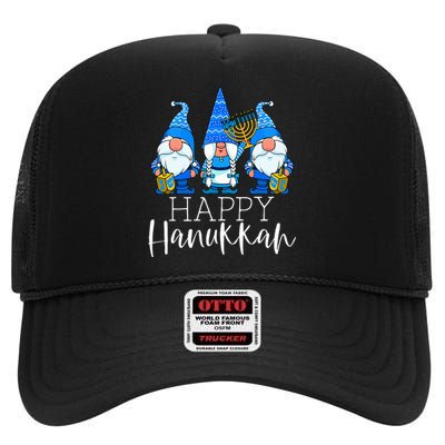 Happy Hanukkah Three Gnomes Jewish Gnome Lover Chanukah Gift  High Crown Mesh Back Trucker Hat