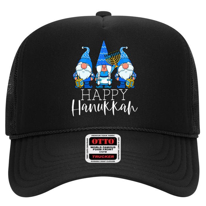 Happy Hanukkah Three Gnomes Jewish Gnome Lover Chanukah Gift  High Crown Mesh Back Trucker Hat