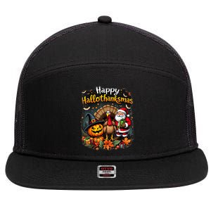 Happy Hallothanksmas Thanksgiving Halloween Merry Christmas 7 Panel Mesh Trucker Snapback Hat