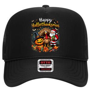 Happy Hallothanksmas Thanksgiving Halloween Merry Christmas High Crown Mesh Back Trucker Hat