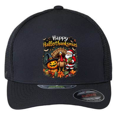 Happy Hallothanksmas Thanksgiving Halloween Merry Christmas Flexfit Unipanel Trucker Cap