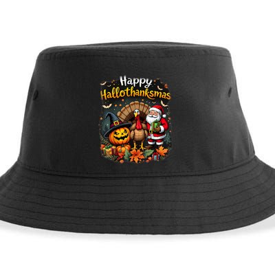 Happy Hallothanksmas Thanksgiving Halloween Merry Christmas Sustainable Bucket Hat