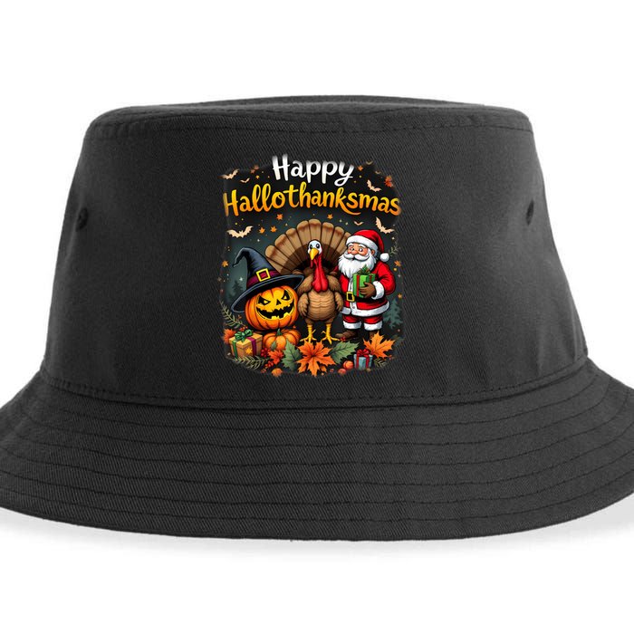 Happy Hallothanksmas Thanksgiving Halloween Merry Christmas Sustainable Bucket Hat