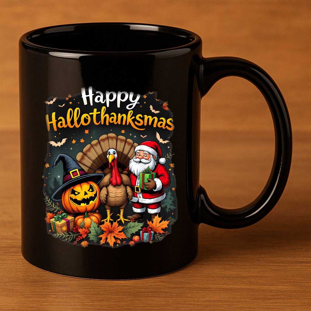 Happy Hallothanksmas Thanksgiving Halloween Merry Christmas 11oz C Handle Ceramic Mug