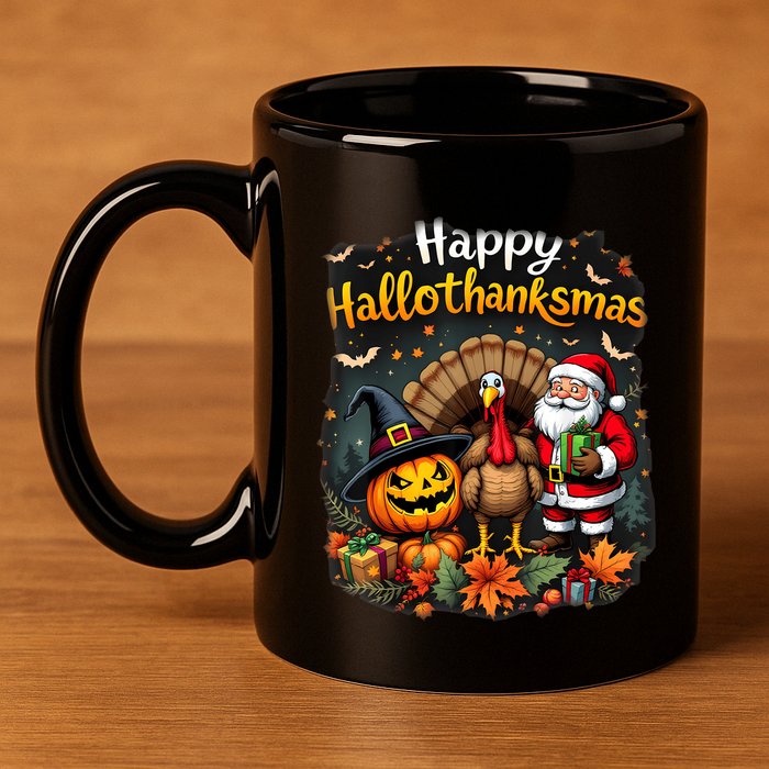 Happy Hallothanksmas Thanksgiving Halloween Merry Christmas 11oz C Handle Ceramic Mug