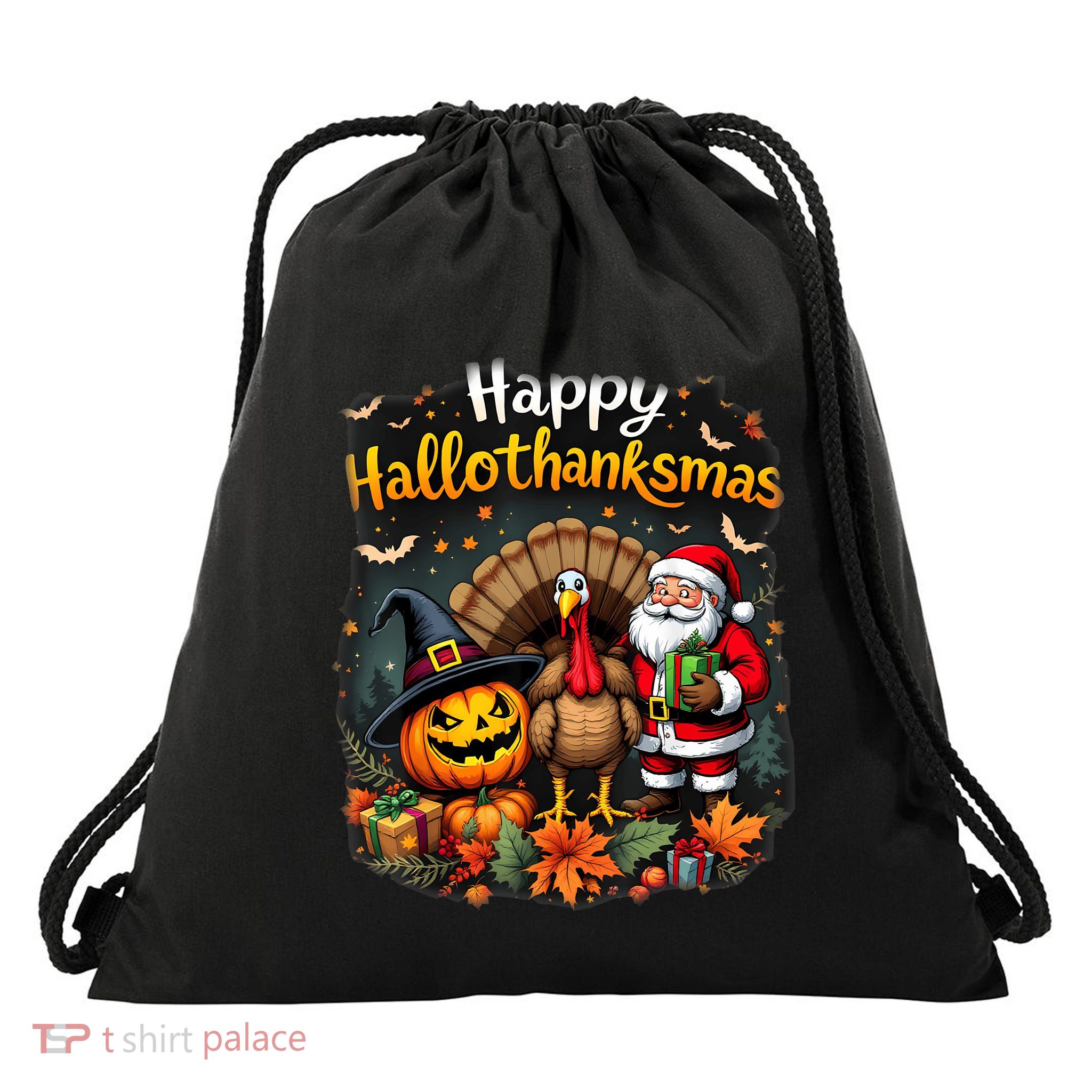 Happy Hallothanksmas Thanksgiving Halloween Merry Christmas Drawstring Bag