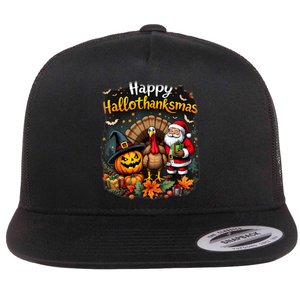 Happy Hallothanksmas Thanksgiving Halloween Merry Christmas Flat Bill Trucker Hat