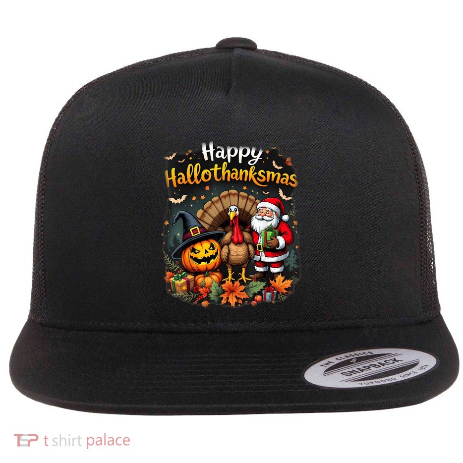 Happy Hallothanksmas Thanksgiving Halloween Merry Christmas Flatbill Hat