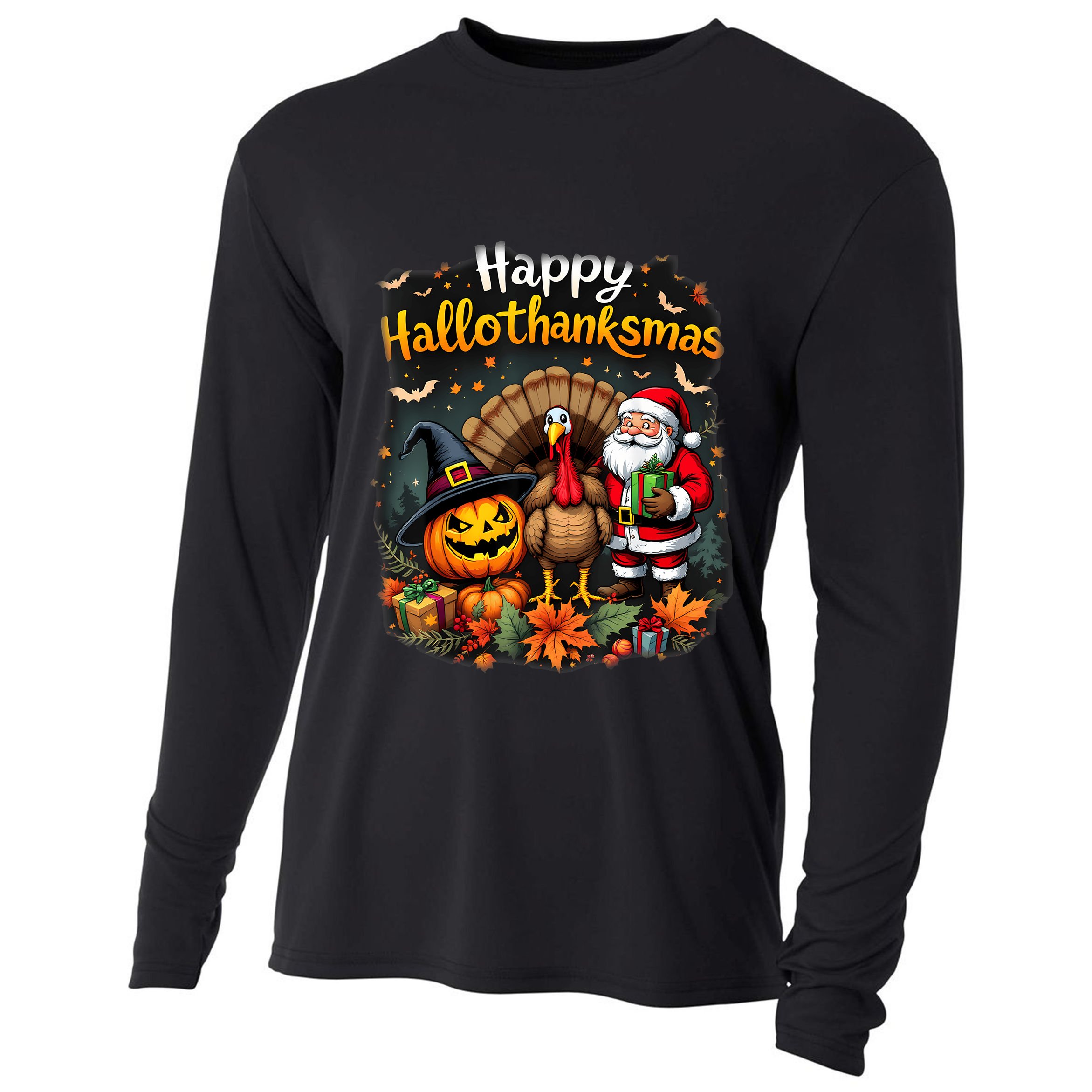 Happy Hallothanksmas Thanksgiving Halloween Merry Christmas Cooling Performance Long Sleeve Crew