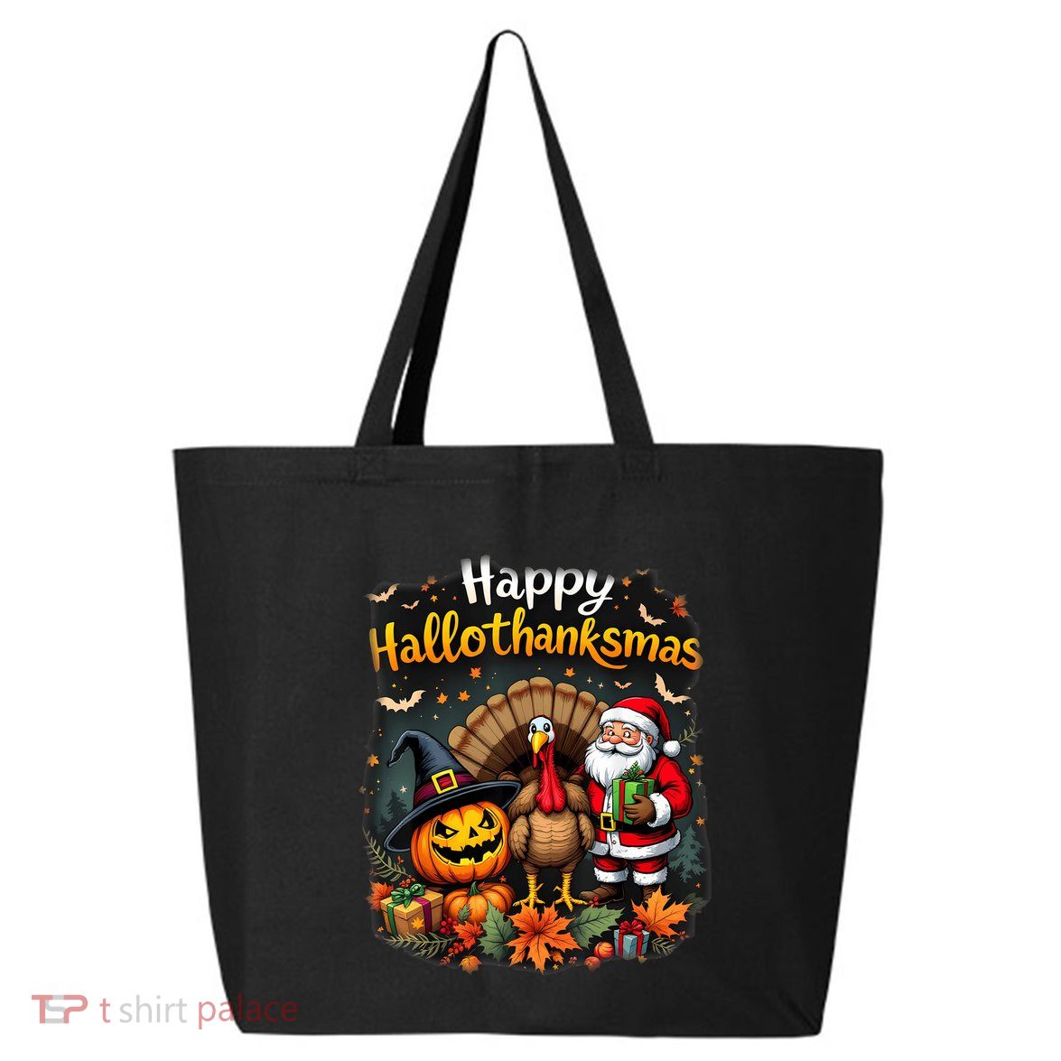 Happy Hallothanksmas Thanksgiving Halloween Merry Christmas 25L Jumbo Tote