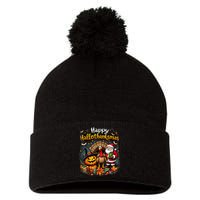 Happy Hallothanksmas Thanksgiving Halloween Merry Christmas Pom Pom 12in Knit Beanie