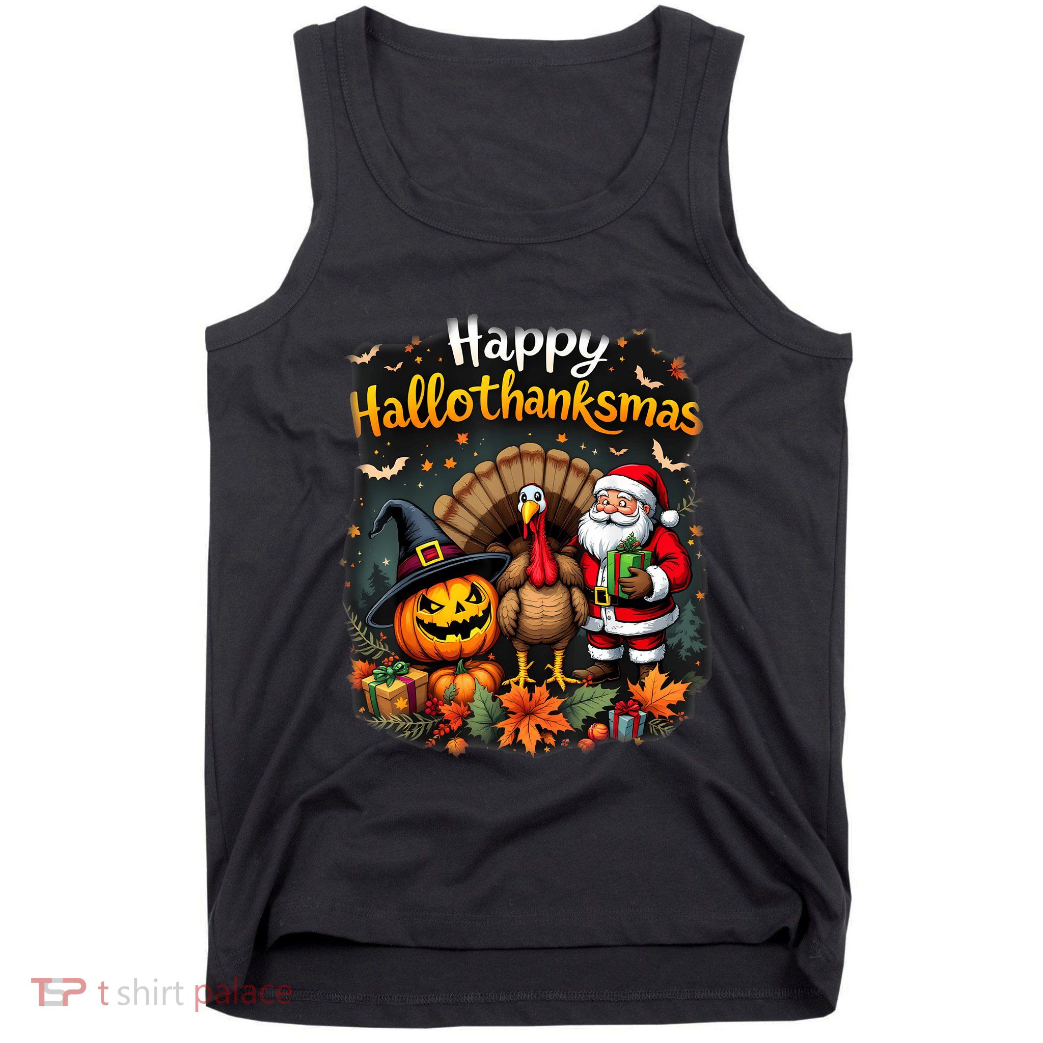 Happy Hallothanksmas Thanksgiving Halloween Merry Christmas Tank Top