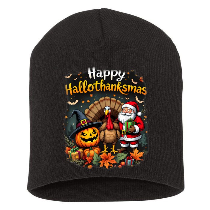 Happy Hallothanksmas Thanksgiving Halloween Merry Christmas Short Acrylic Beanie