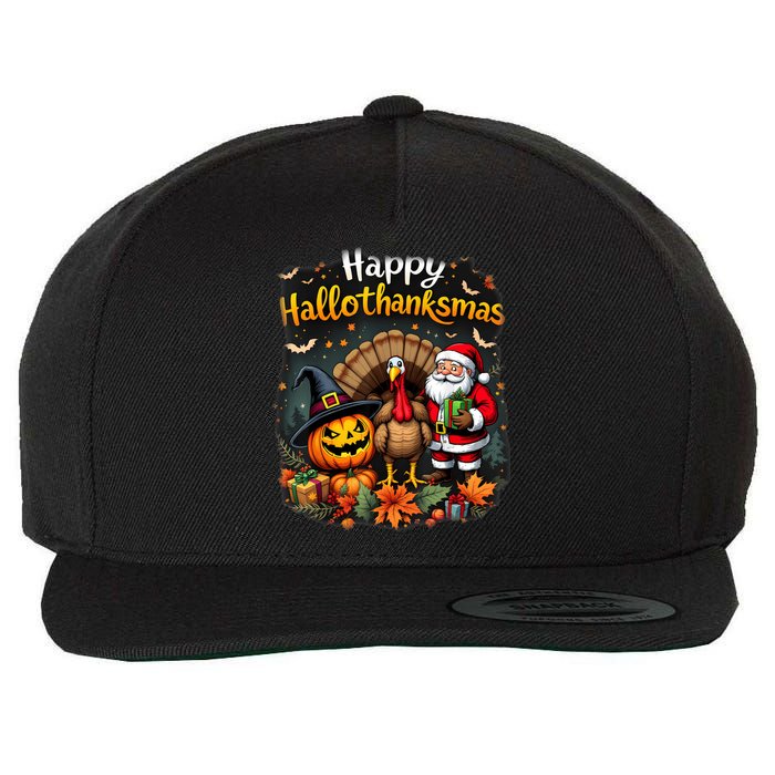 Happy Hallothanksmas Thanksgiving Halloween Merry Christmas Wool Snapback Cap