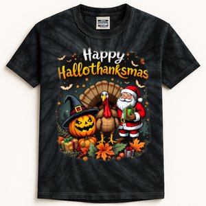 Happy Hallothanksmas Thanksgiving Halloween Merry Christmas Kids Tie-Dye T-Shirt