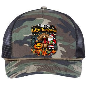 Happy Hallothanksmas Thanksgiving Halloween Merry Christmas Retro Rope Trucker Hat Cap