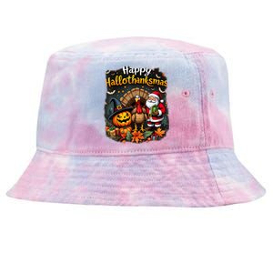 Happy Hallothanksmas Thanksgiving Halloween Merry Christmas Tie-Dyed Bucket Hat