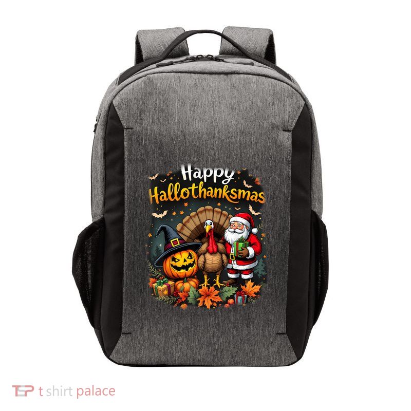 Happy Hallothanksmas Thanksgiving Halloween Merry Christmas Vector Backpack