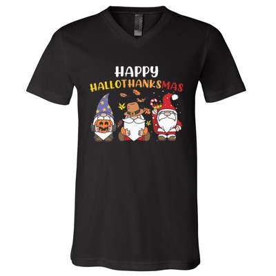 Happy Halloween Thanksgiving Christmas Holiday Season Gnome V-Neck T-Shirt