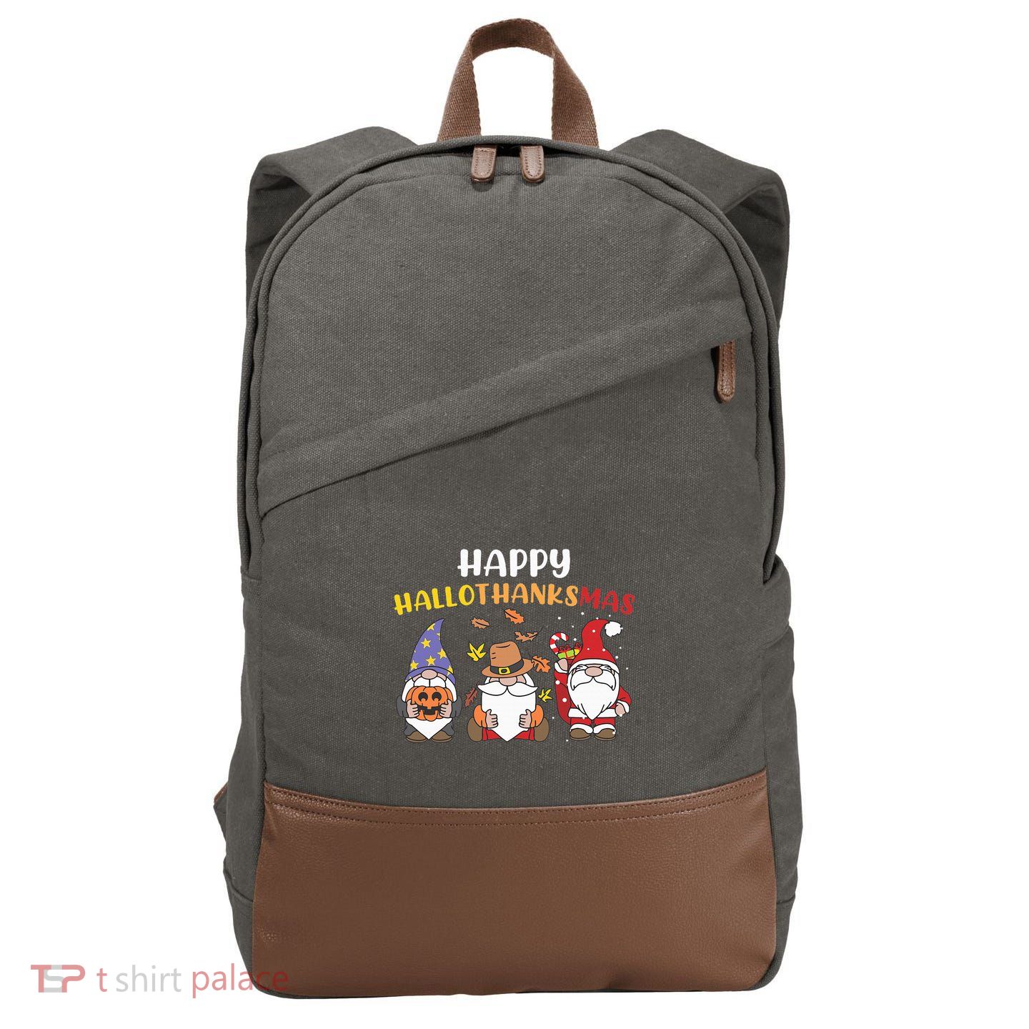 Happy Halloween Thanksgiving Christmas Holiday Season Gnome Cotton Canvas Backpack