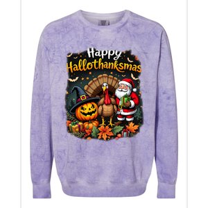 Happy Hallothanksmas Thanksgiving Halloween Merry Christmas Colorblast Crewneck Sweatshirt