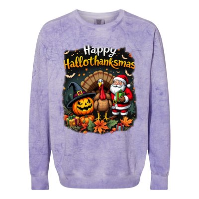 Happy Hallothanksmas Thanksgiving Halloween Merry Christmas Colorblast Crewneck Sweatshirt