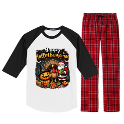 Happy Hallothanksmas Thanksgiving Halloween Merry Christmas Raglan Sleeve Pajama Set