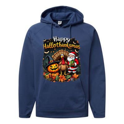 Happy Hallothanksmas Thanksgiving Halloween Merry Christmas Performance Fleece Hoodie