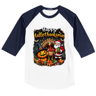 Happy Hallothanksmas Thanksgiving Halloween Merry Christmas Baseball Sleeve Shirt