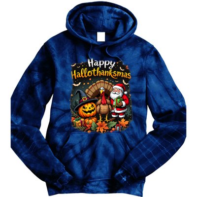 Happy Hallothanksmas Thanksgiving Halloween Merry Christmas Tie Dye Hoodie