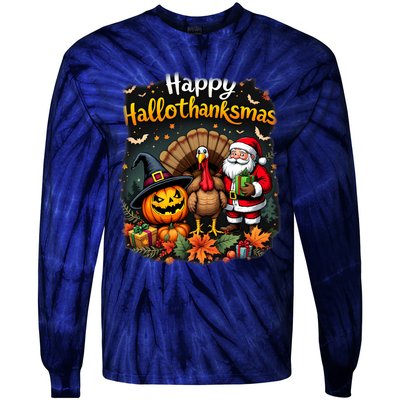 Happy Hallothanksmas Thanksgiving Halloween Merry Christmas Tie-Dye Long Sleeve Shirt