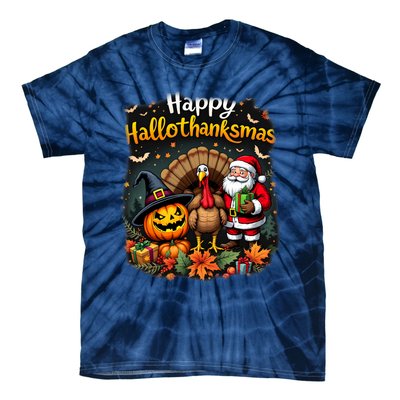 Happy Hallothanksmas Thanksgiving Halloween Merry Christmas Tie-Dye T-Shirt