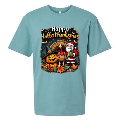 Happy Hallothanksmas Thanksgiving Halloween Merry Christmas Sueded Cloud Jersey T-Shirt