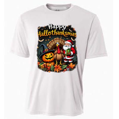 Happy Hallothanksmas Thanksgiving Halloween Merry Christmas Cooling Performance Crew T-Shirt