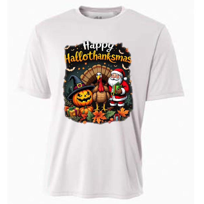 Happy Hallothanksmas Thanksgiving Halloween Merry Christmas Cooling Performance Crew T-Shirt