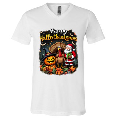 Happy Hallothanksmas Thanksgiving Halloween Merry Christmas V-Neck T-Shirt