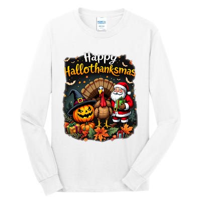 Happy Hallothanksmas Thanksgiving Halloween Merry Christmas Tall Long Sleeve T-Shirt