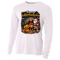 Happy Hallothanksmas Thanksgiving Halloween Merry Christmas Cooling Performance Long Sleeve Crew