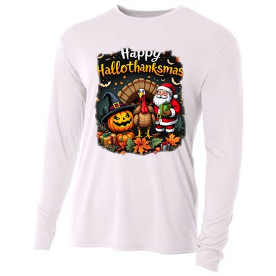 Happy Hallothanksmas Thanksgiving Halloween Merry Christmas Cooling Performance Long Sleeve Crew