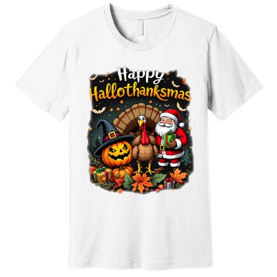 Happy Hallothanksmas Thanksgiving Halloween Merry Christmas Premium T-Shirt